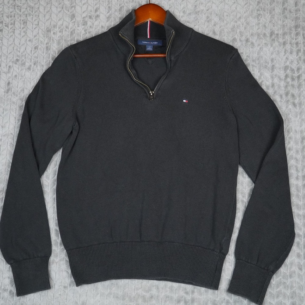 Tommy Hilfiger Quarter Zip Sweater Mens Small Black Pullover Logo Cotton Fit